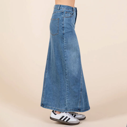 A - line Paneled Denim Long Maxi Skirt - Purpose + Passion Boutique