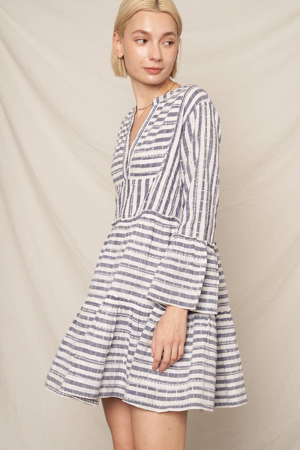Navy Ivory 3/4 Sleeve V-Neck Striped Tiered Mini Dress