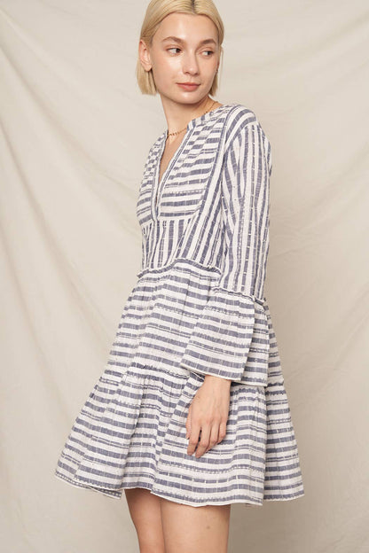 Navy Ivory 3/4 Sleeve V-Neck Striped Tiered Mini Dress