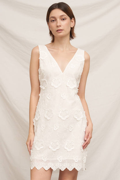 White Sleeveless V-Neck Floral Mini Dress