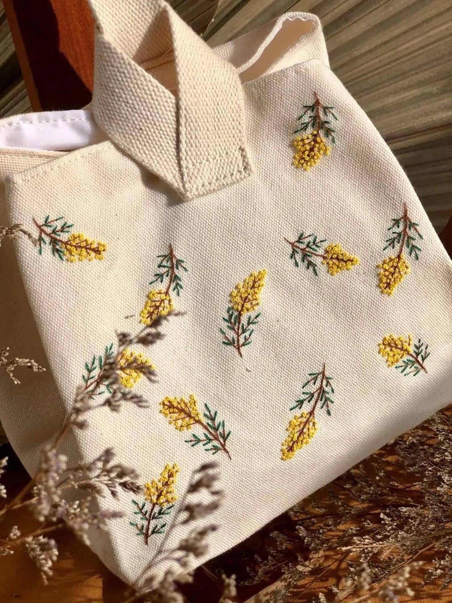 Yellow Mimosa Flower Embroidered Lunch Bag