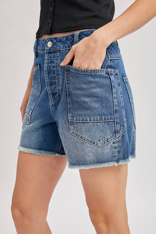 Medium Wash Denim Patch Pocket Barrel Shorts