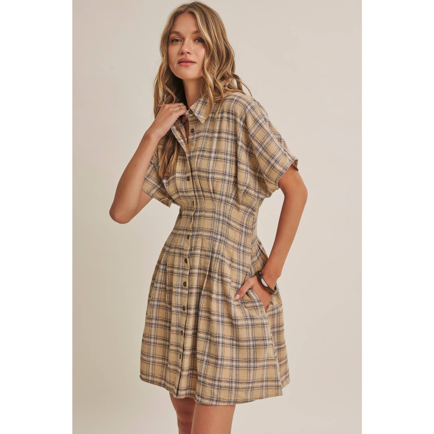 Biscuit Pleated Plaid Smocked Waist Mini Shirt Dress