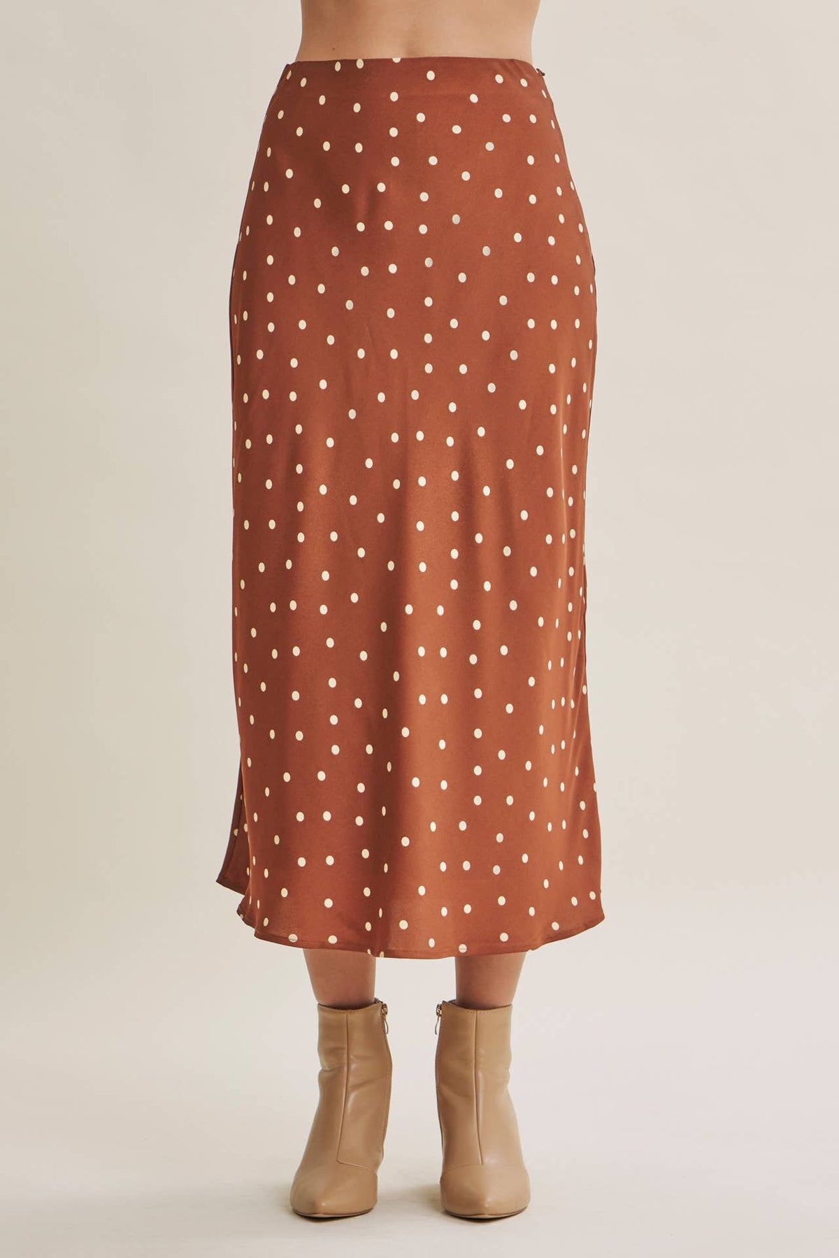 Camel / Beige Satin Polka Dot Midi Skirt