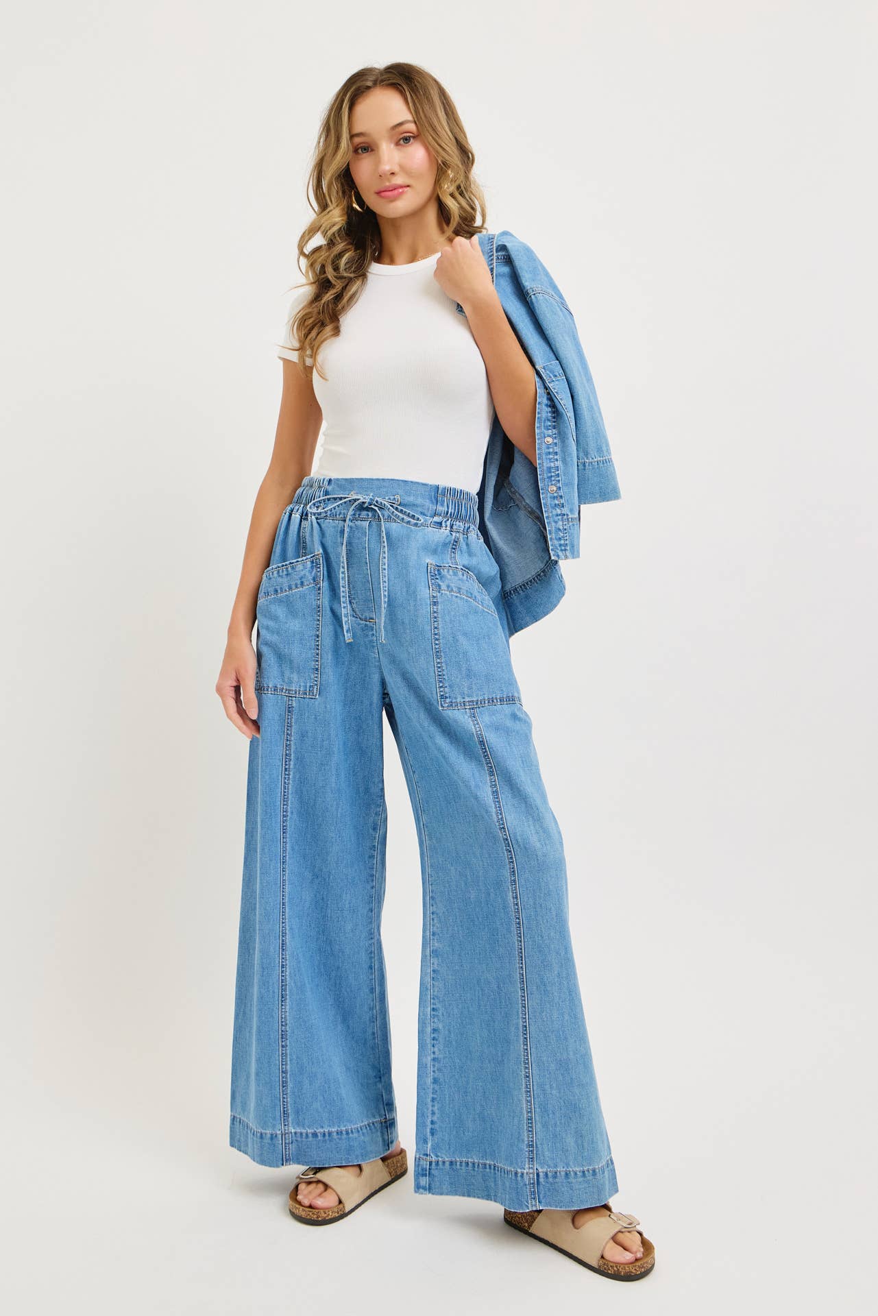 Denim Pull On Wide-Leg Pants
