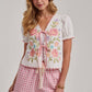 Off White Floral Embroidered Tie Front Top
