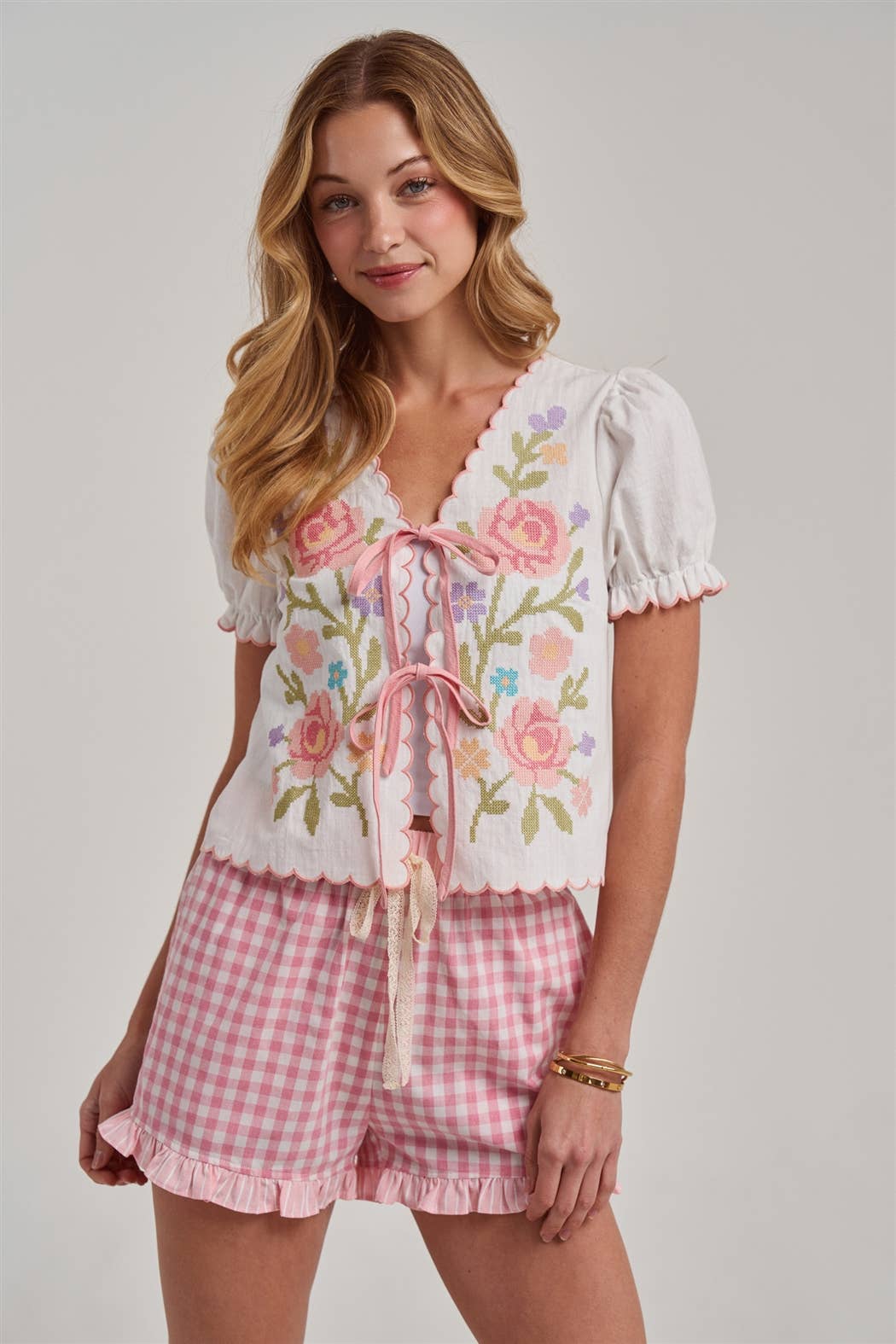 Off White Floral Embroidered Tie Front Top