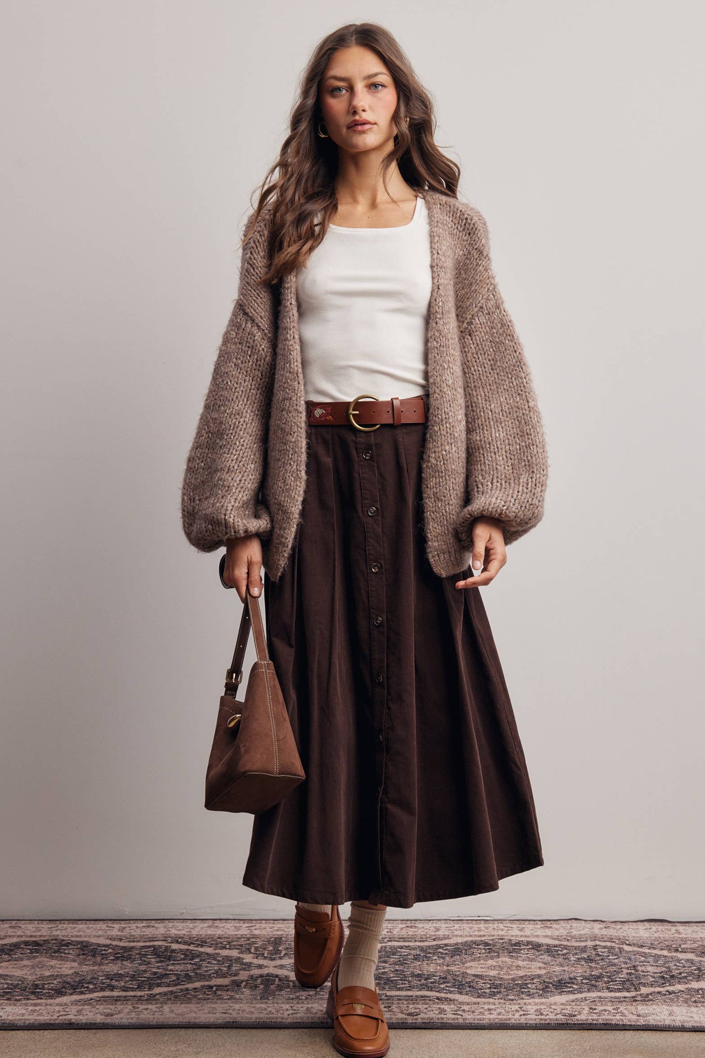Mocha Corduroy Button Front Midi Skirt