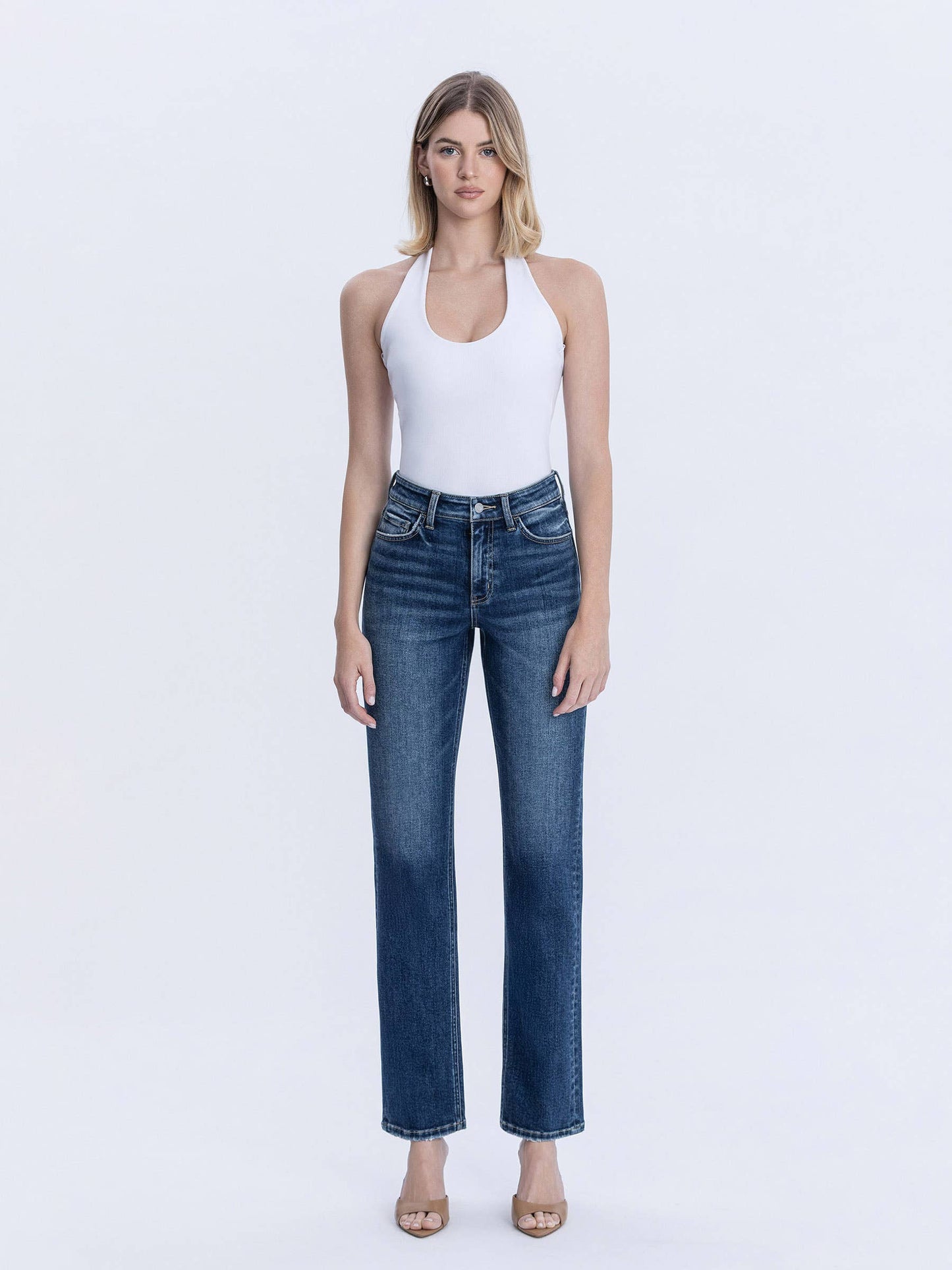 High Rise Full Length Dark Wash Straight Jeans