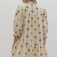 Beige Bowknot Bubble Sleeve V-Neck Mini Dress