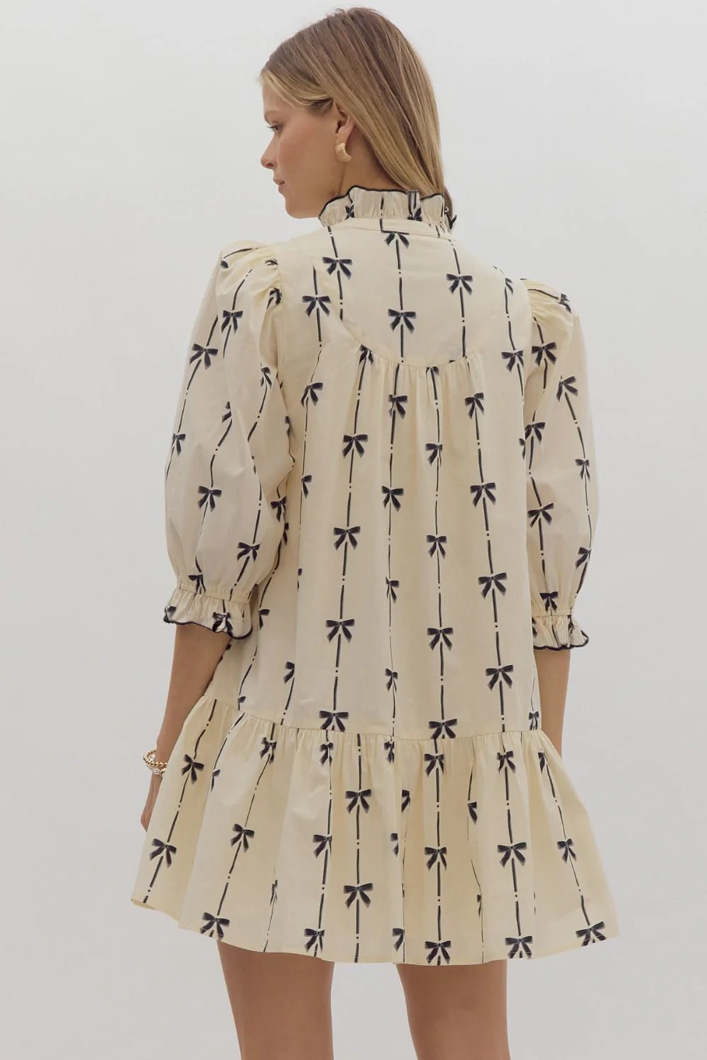 Beige Bowknot Bubble Sleeve V-Neck Mini Dress