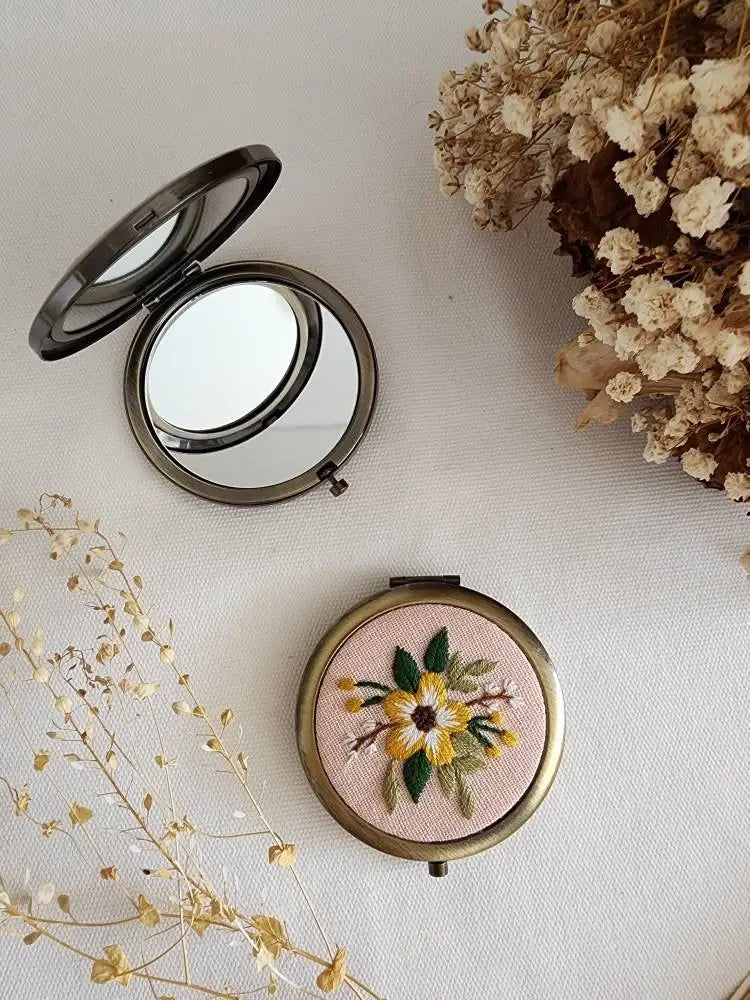 Dandelion Floral Embroidered Compact Mirror
