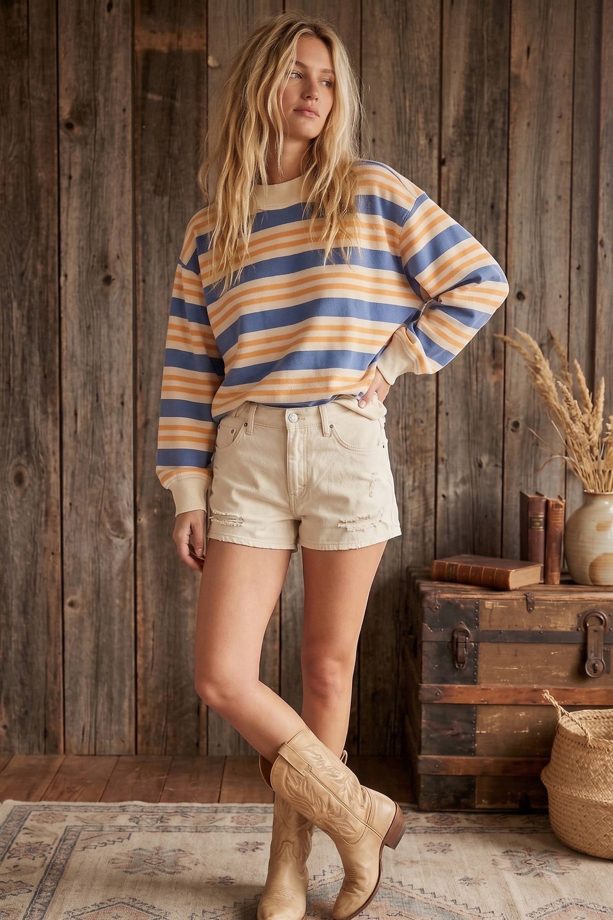 Oversized Denim + Apricot Terry Striped Sweatshirt