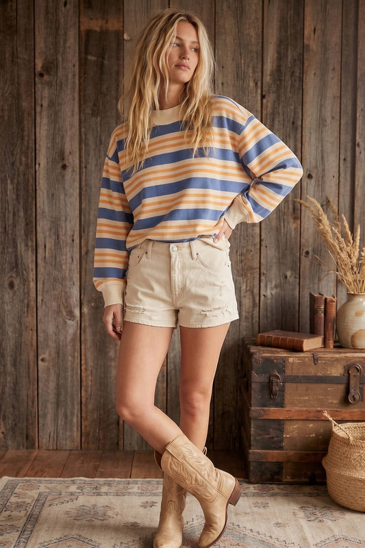 Oversized Denim + Apricot Terry Striped Sweatshirt