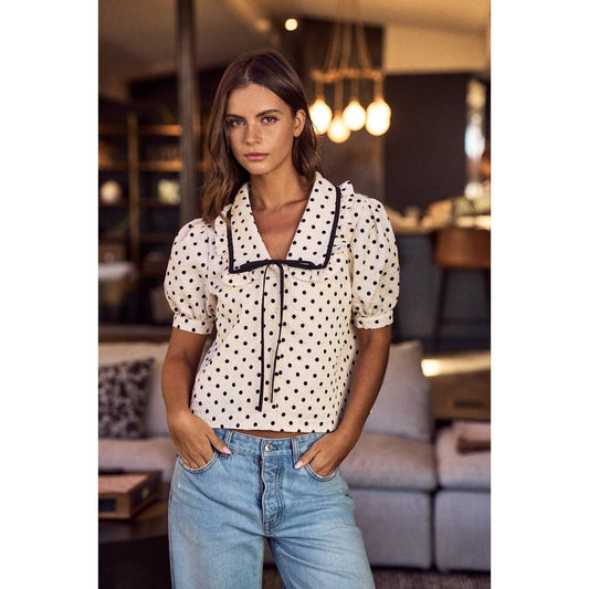 Sweet Poise Polka Dot Ribbon Detail Blouse Top