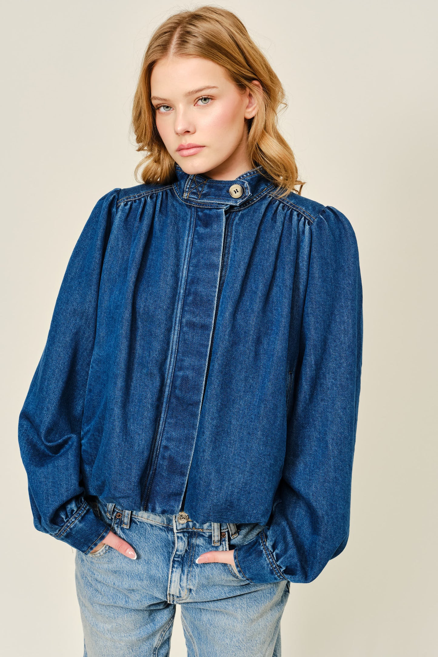 Dark Denim Bubble High Neck Denim Jacket