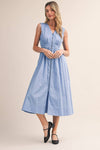 Zipper Front Cornflower Sleeveless Midi Dress