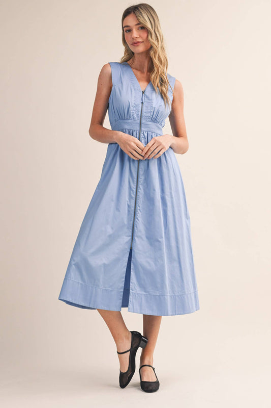 Zipper Front Cornflower Sleeveless Midi Dress