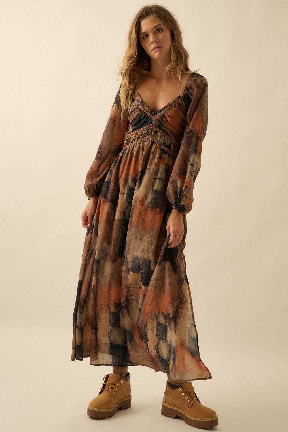 Abstract - Print Velvet - Trimmed V - Neck Maxi Dress - Purpose + Passion Boutique