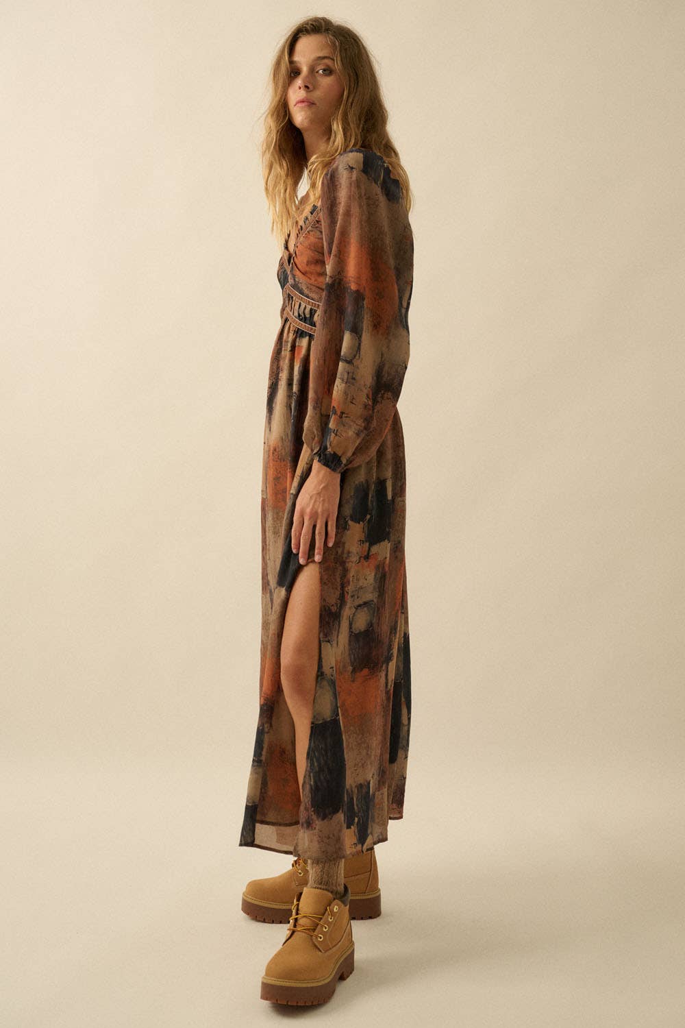 Abstract - Print Velvet - Trimmed V - Neck Maxi Dress - Purpose + Passion Boutique