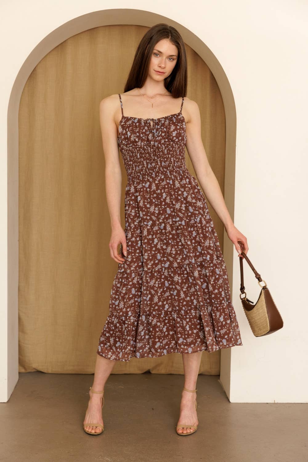 Brown + Blue Smocked Floral Tiered Midi Dress