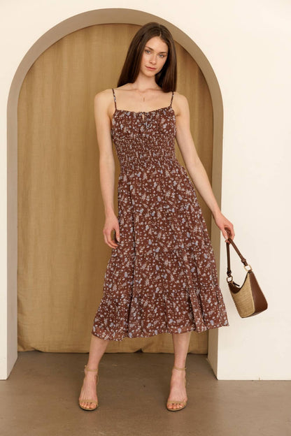 Brown + Blue Smocked Floral Tiered Midi Dress