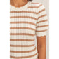 Striped Scallop Edge Taupe Puff Sleeve Knit Top