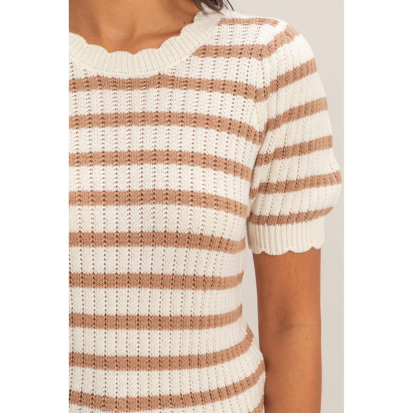 Striped Scallop Edge Taupe Puff Sleeve Knit Top