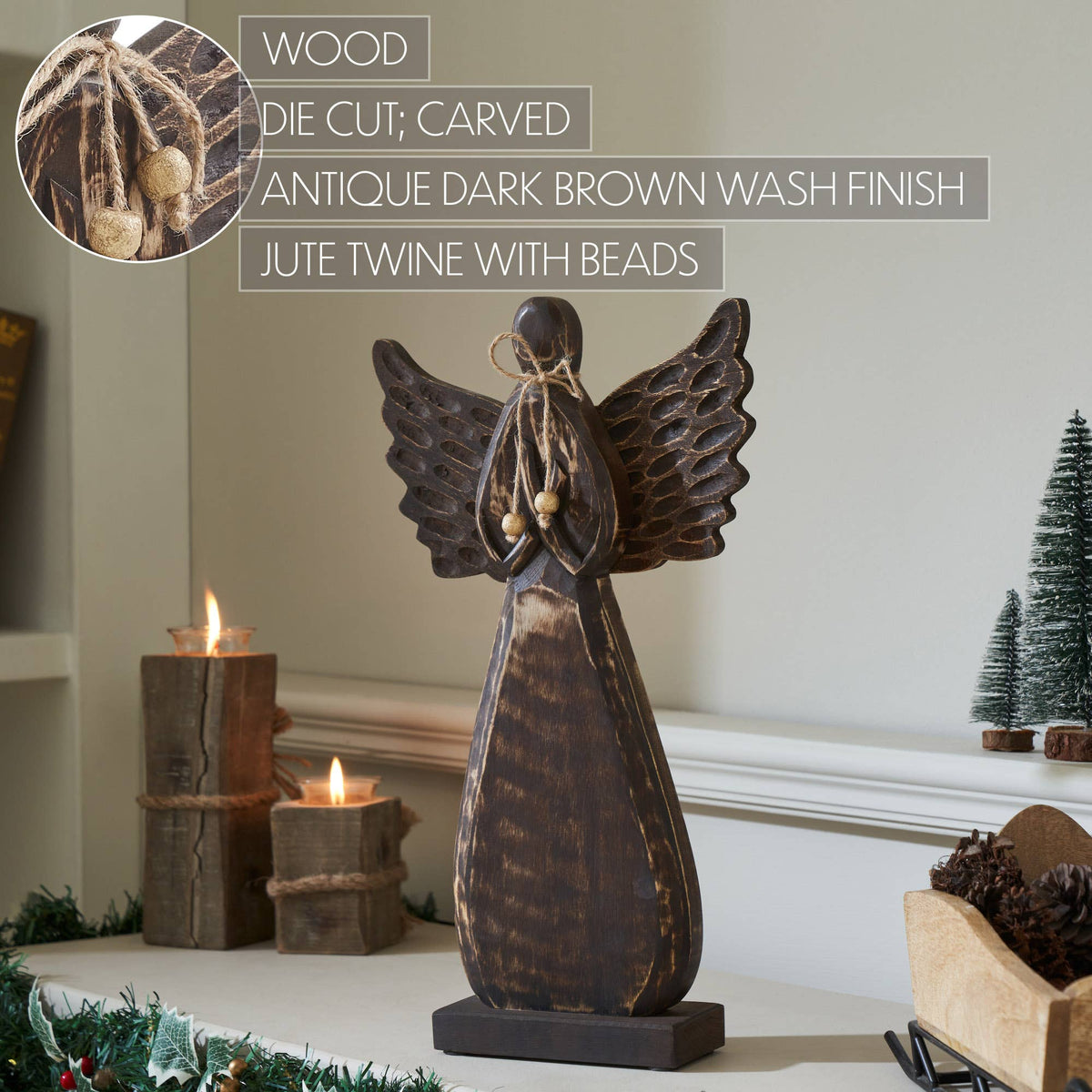 Carved Antique Wood Angel with Twine Bow