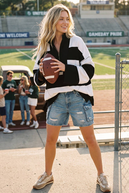 Varsity Black/White Stripe Zip Pullover