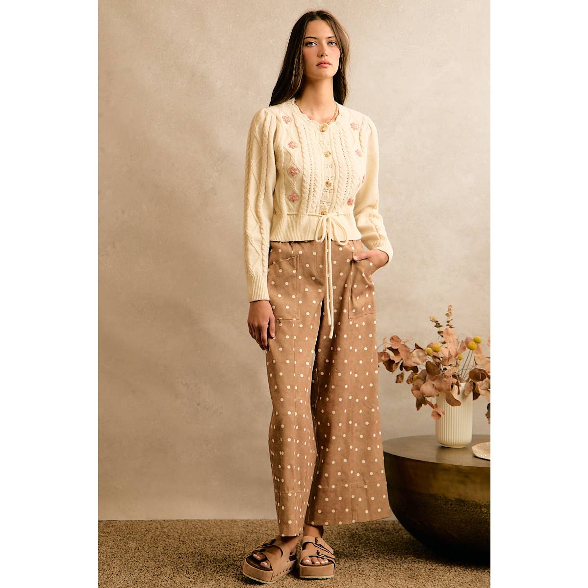 Camel/Ivory Polka Dot Wide Leg Pants