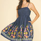 Indigo Flared Denim Mini Dress with Floral Embrodiery
