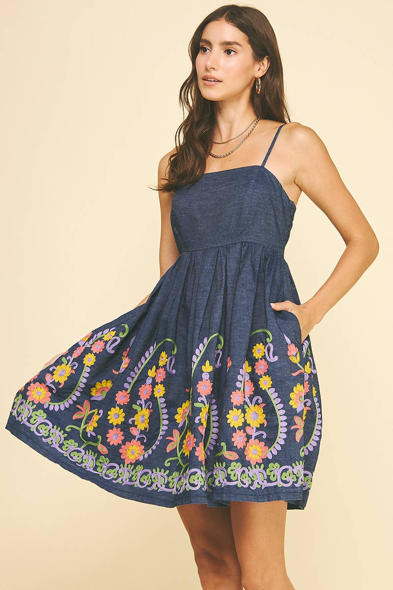 Indigo Flared Denim Mini Dress with Floral Embrodiery