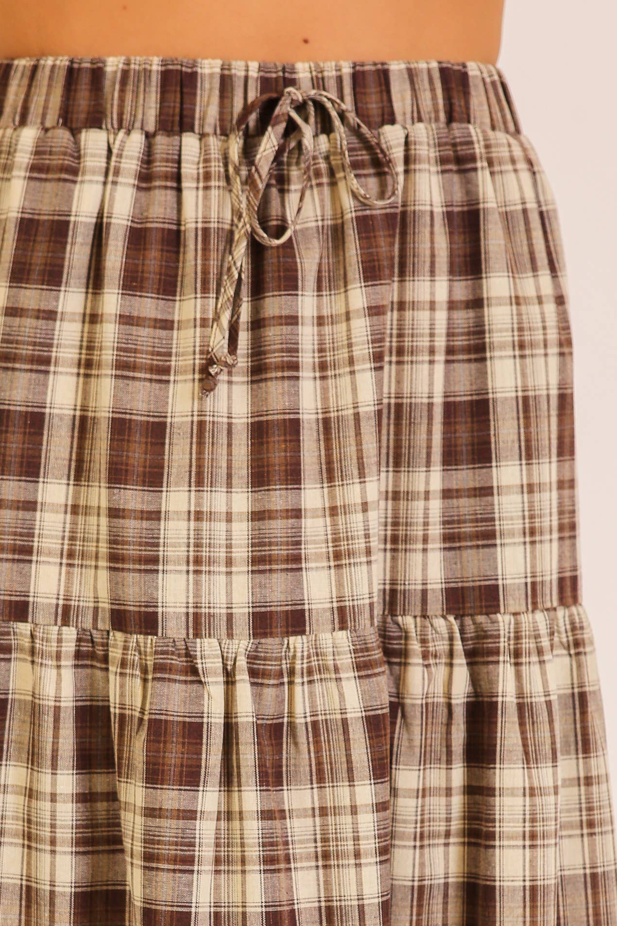 Brown Plaid Tiered Maxi Skirt