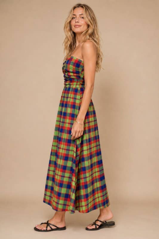 Apple Blues Plaid Strapless Maxi Dress