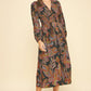 Black Leaf Print V-Neck Midi Dress