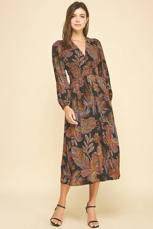 Black Leaf Print V-Neck Midi Dress