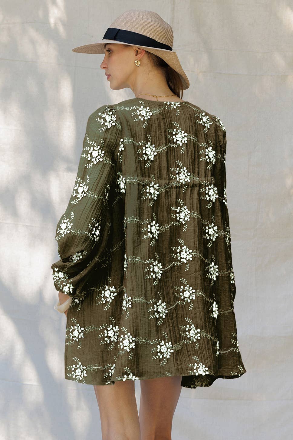 Olive Floral Mini Dress with Balloon Sheer Sleeves