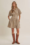 Biscuit Pleated Plaid Smocked Waist Mini Shirt Dress