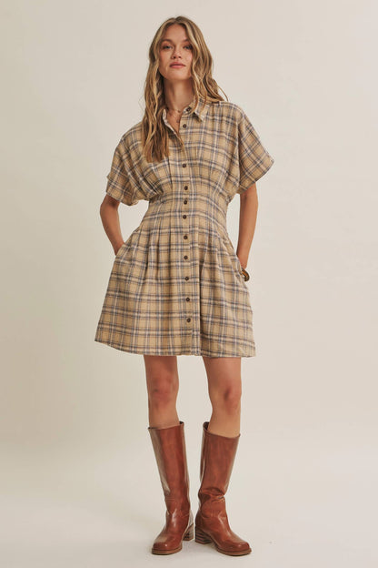 Biscuit Pleated Plaid Smocked Waist Mini Shirt Dress