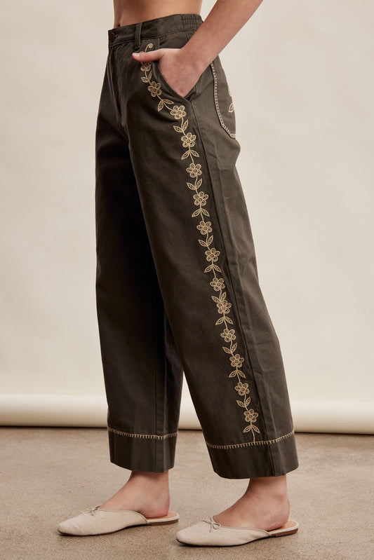 Olive Embroidered Cropped Wide-Leg Pants