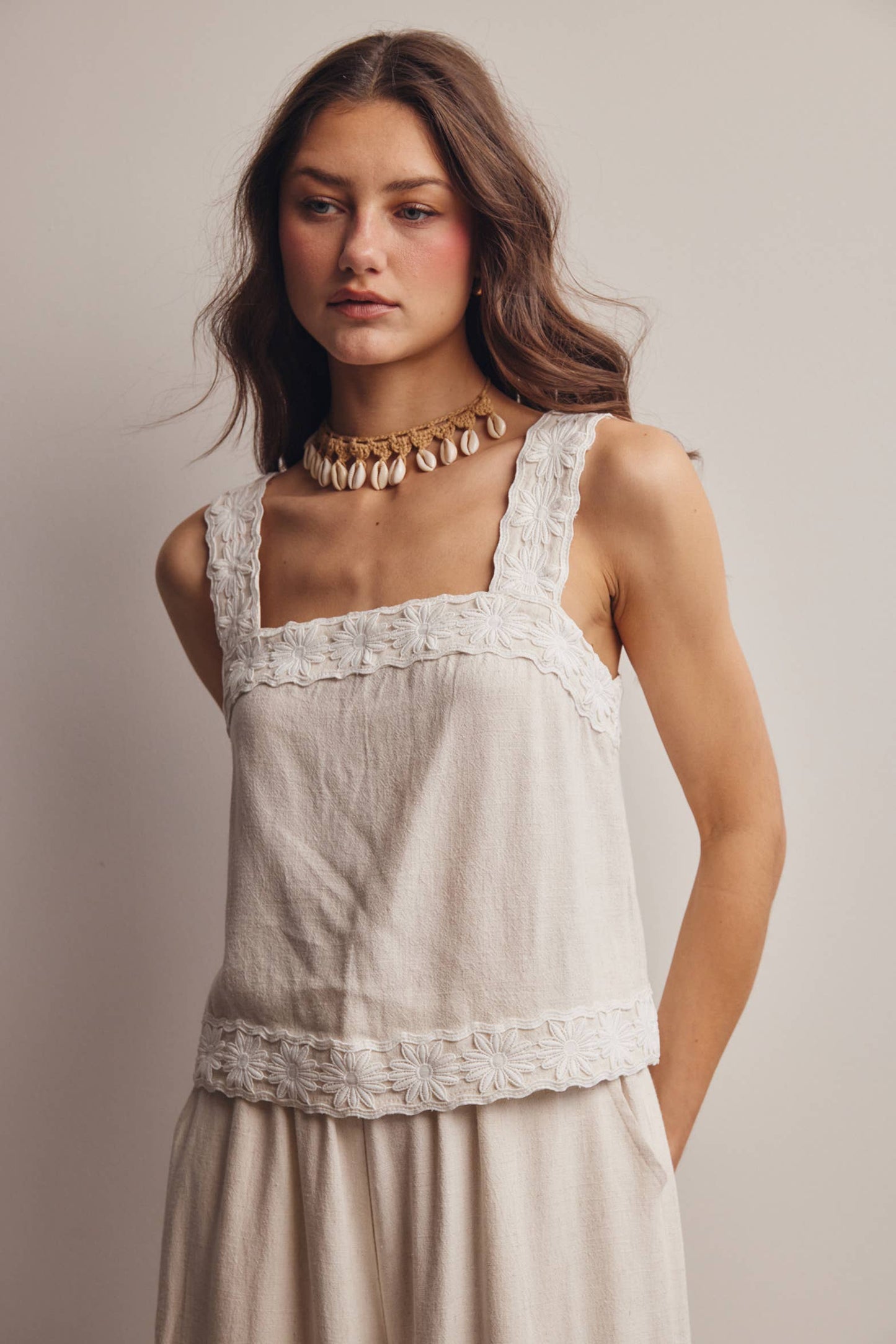 Embroidered Square-Neck Tank & Wide-Leg Pant Set (Oatmeal)