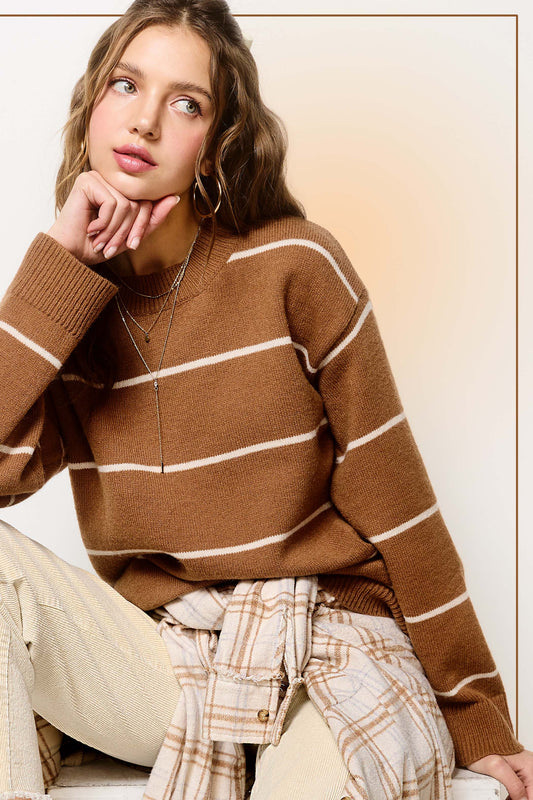 Stripe Long Sleeve Crew Mock Neck Sweater