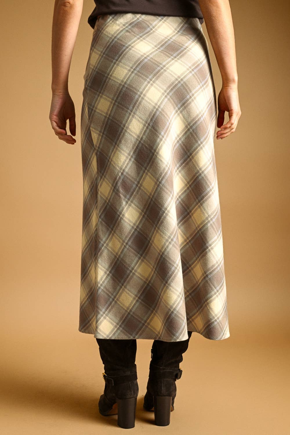 Ecru/Blue Plaid Printed Stretch Maxi Skirt