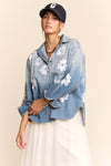 Washed Denim Flower Embroider Button Front Shirt
