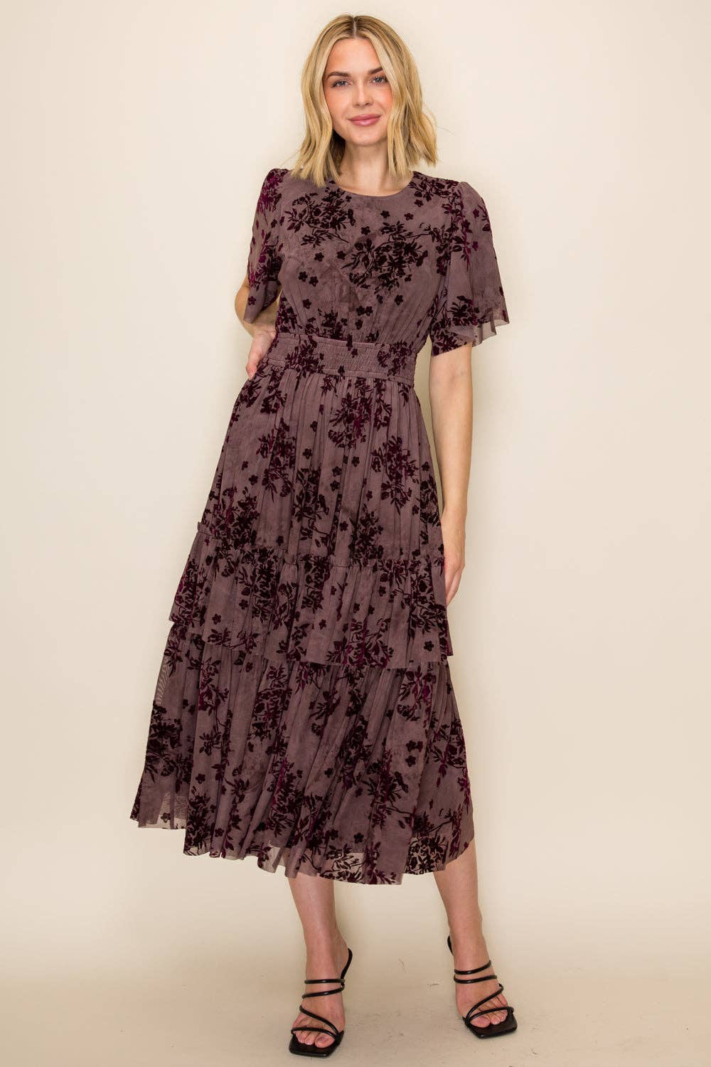 Velvet Plum Floral Smocked Waist Tiered Dress