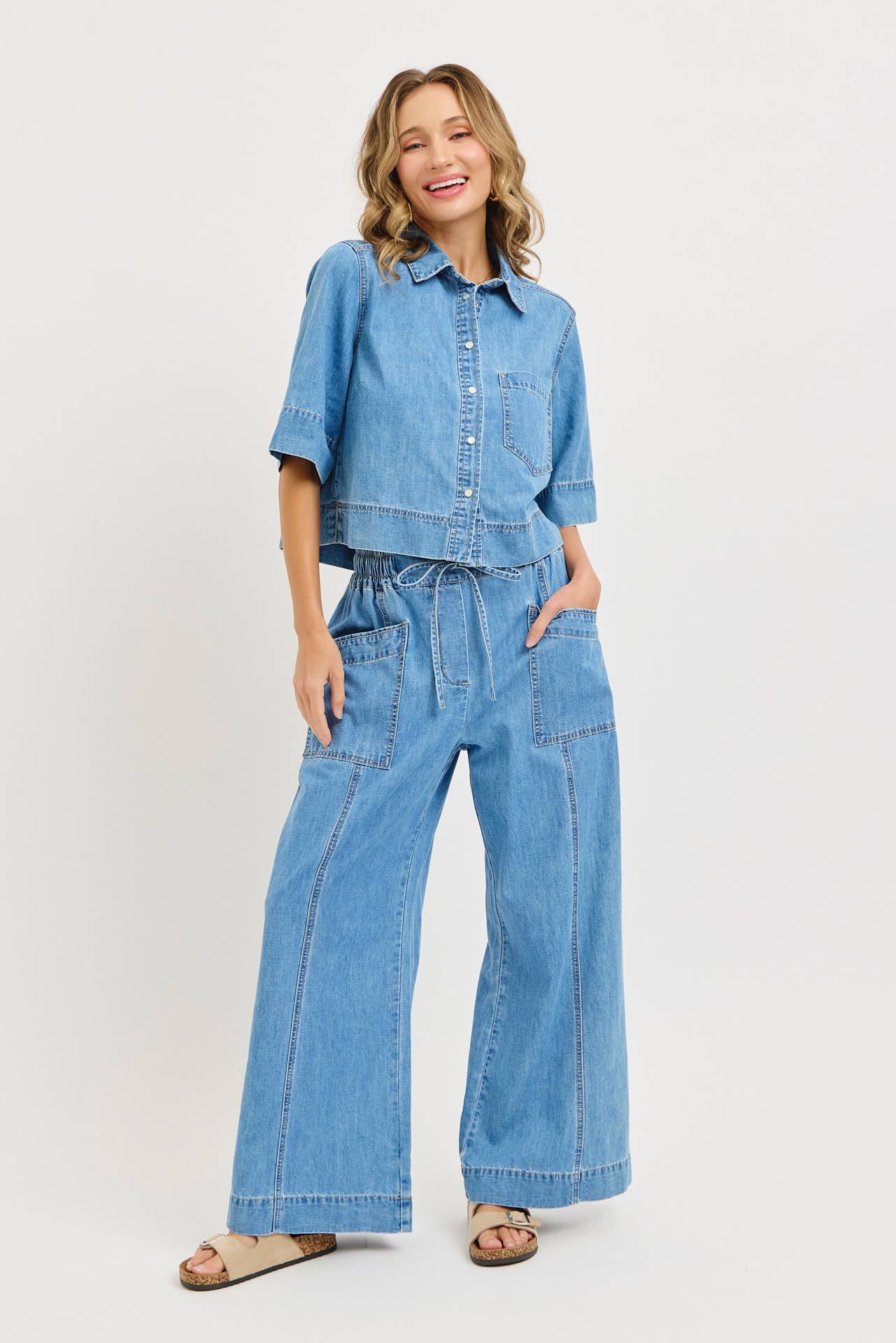 Denim Pull On Wide-Leg Pants