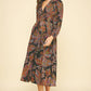 Black Leaf Print V-Neck Midi Dress