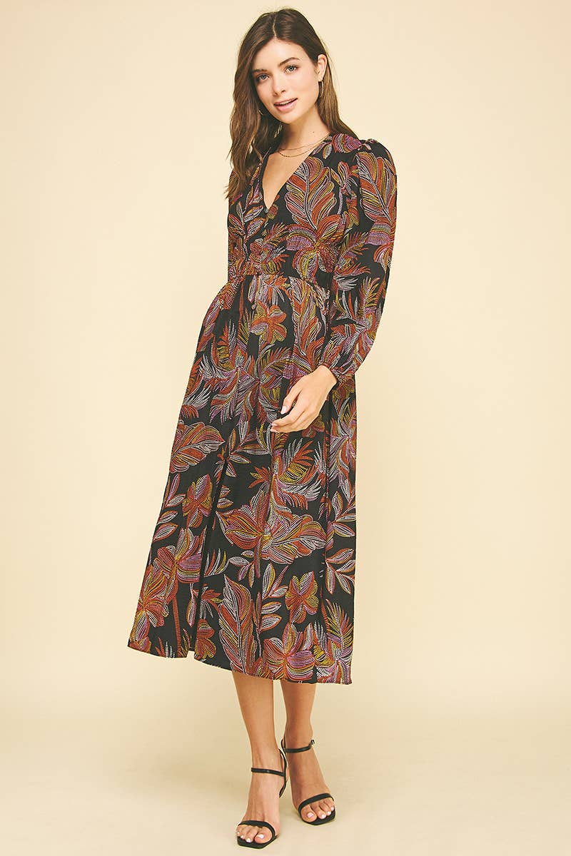 Black Leaf Print V-Neck Midi Dress