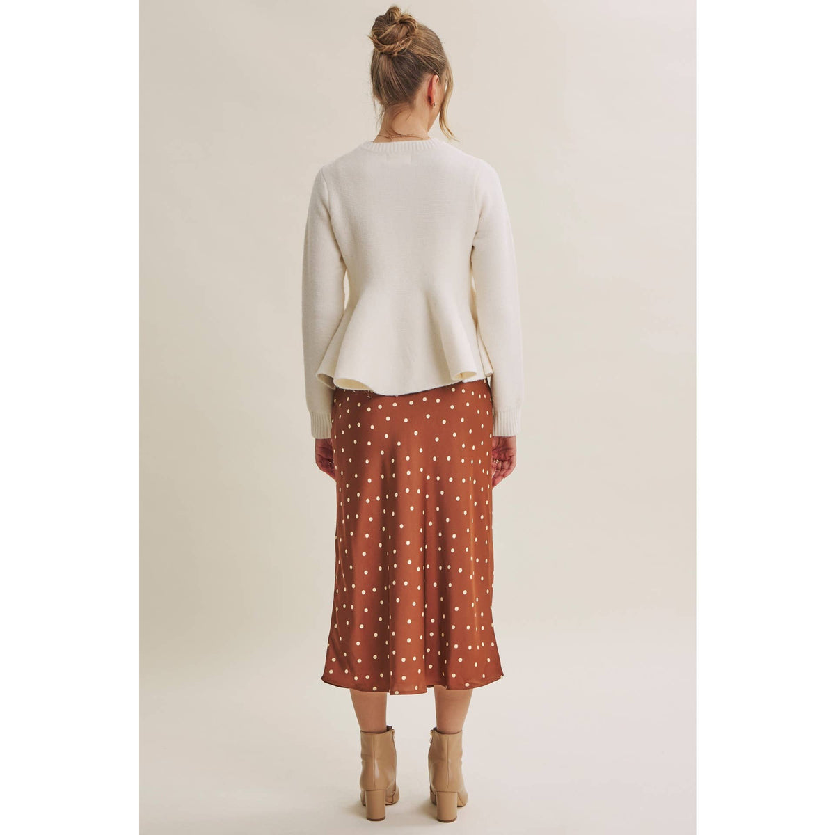Camel / Beige Satin Polka Dot Midi Skirt